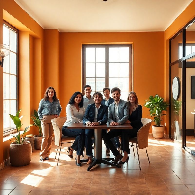 Equipo profesional en una oficina luminosa de Madrid con tonos ámbar y luz natural
