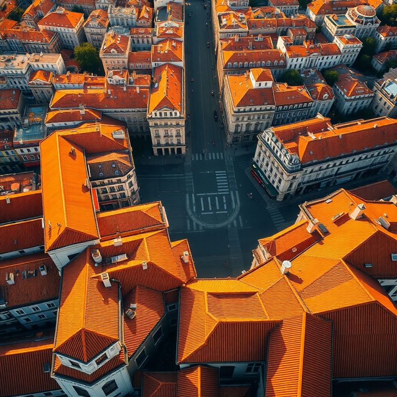 Vista aérea del centro de Madrid con tejados ocres y luz mediterránea dorada