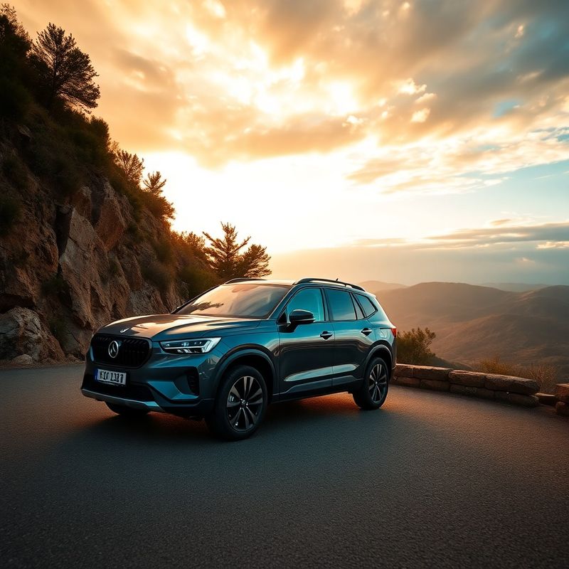 SUV moderno en una carretera de la Sierra de Guadarrama al atardecer