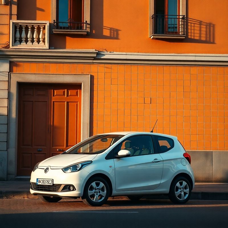 Hatchback compacto aparcado junto a un edificio clásico de Madrid con luz ámbar