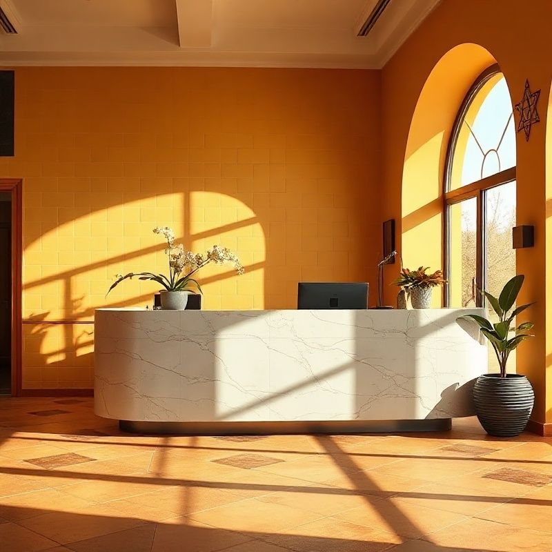 Recepción moderna en un interior cálido de tonos ámbar con luz natural